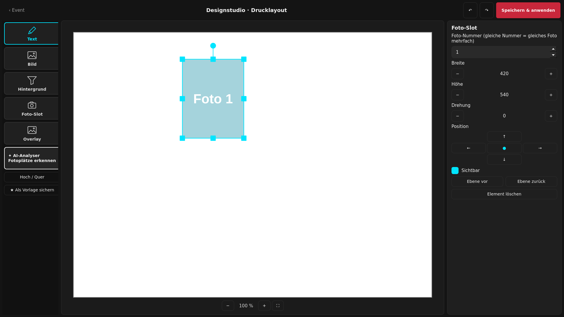 Editor für ein Drucklayout mit Fotoplatzhaltern