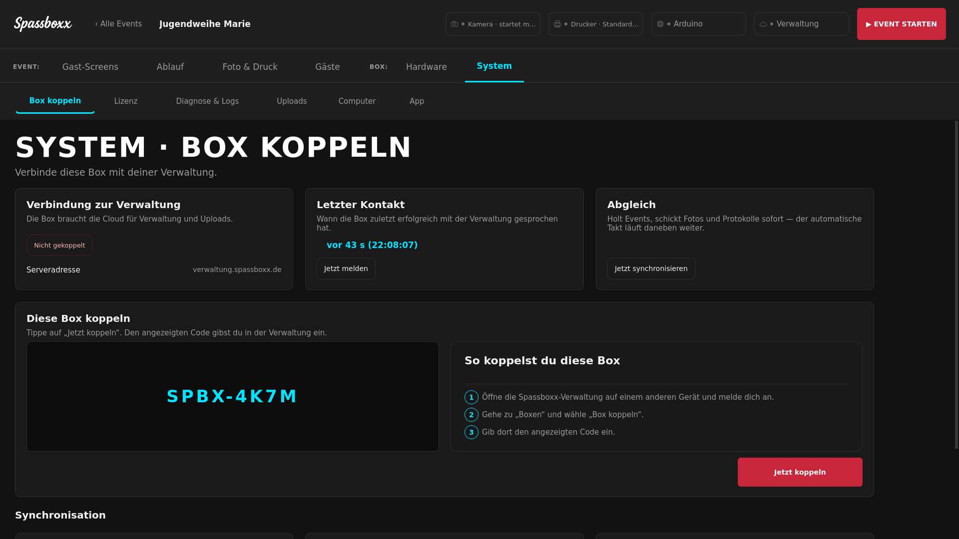 Seite zum Koppeln der Box mit der Online-Verwaltung